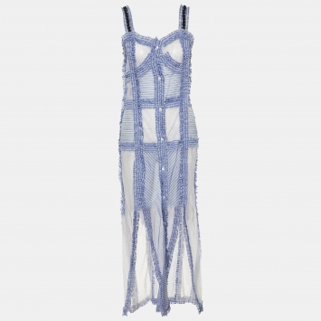 Pre Owned The Attico Blue Striped Cotton & Silk Ruffled Detail Slit Maxi Dress M