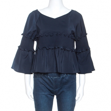 Pre Owned Tibi Navy Blue Stretch Jersey Smocked Detail Bell Sleeve Top M