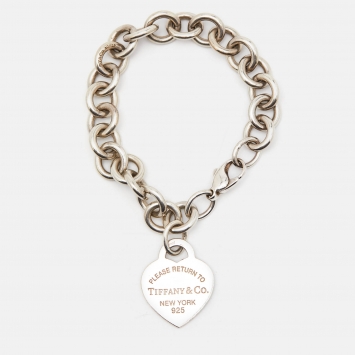 Pre Owned Tiffany & Co. Return To Tiffany Blue Enamel Heart Tag & Silver Bracelet