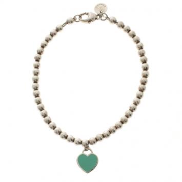 Pre Owned Tiffany & Co. Return to Tiffany Blue Enamel Heart Tag Silver Beads Bracelet 