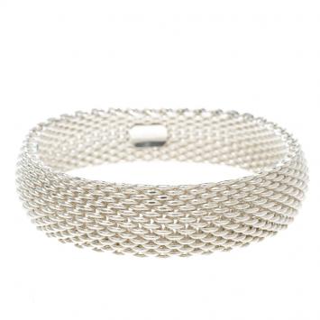 Pre Owned Tiffany & Co. Somerset Silver Mesh Link Bangle Bracelet 18cm