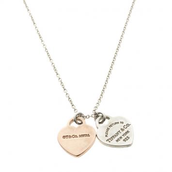 Pre Owned Tiffany & Co. Return To Tiffany Double Heart Tag Rubedo Silver Pendant Chain Necklace
