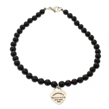 Pre Owned Tiffany & Co. Return To Tiffany Silver Heart Tag Onyx Bead Bracelet