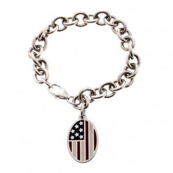 Pre Owned Tiffany & Co. Enamel American Flag Charm Silver Link Bracelet