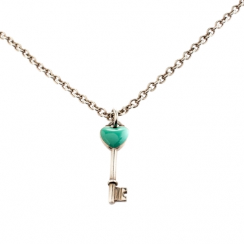 Pre Owned Tiffany & Co. Heart Key Enamel Silver Chain Link Long Pendant Necklace