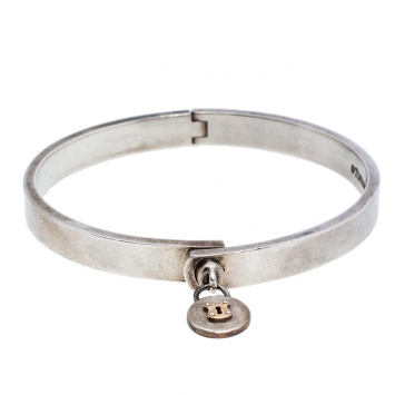 Pre Owned Tiffany & Co. Silver 18K Gold Round Lock Charm Bangle Bracelet