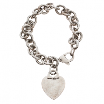 Pre Owned Tiffany & Co. Plain Heart Tag Silver Chain Link Bracelet 