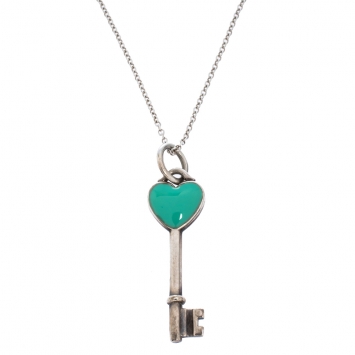 Pre Owned Tiffany & Co. Blue Enamel Heart Key Silver Pendant Necklace 