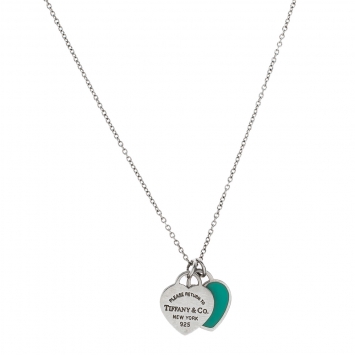 Pre Owned Tiffany & Co. Return to Tiffany Mini Double Heart Tag Pendants Enamel and Silver Chain Necklace