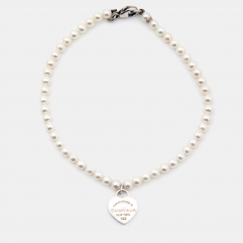 Pre Owned Tiffany & Co. Return to Tiffany Heart Tag Pearls Sterling Silver Bracelet