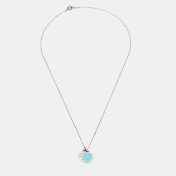 Pre Owned Tiffany & Co. Return to Tiffany Blue Mini Double Heart Tag Silver Pendant Necklace