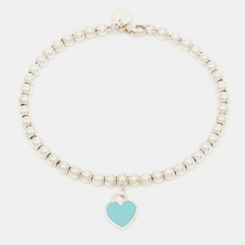 Pre Owned Tiffany & Co. Return To Tiffany Blue Enamel Heart Tag Silver Bead Bracelet