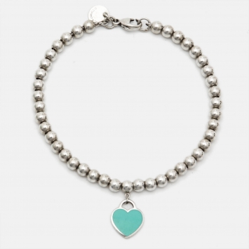 Pre Owned Tiffany & Co. Return to Tiffany Heart Tag Blue Enamel Silver Bead Bracelet 