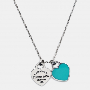 Pre Owned Tiffany & Co. Return To Tiffany Blue Enamel Sterling Silver Heart Tags Pendant Necklace
