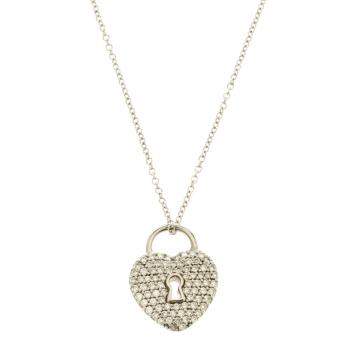 Pre Owned Tiffany & Co. Heart Lock Diamond Paved Platinum Pendant & 18k White Gold Chain Necklace