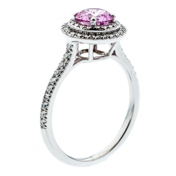 Pre Owned Tiffany & Co. Soleste Pink Sapphire Diamond Platinum Halo Ring Size 54
