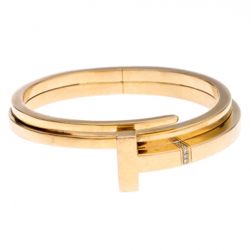 Pre Owned Tiffany & Co. Tiffany T Square Wrap Diamond 18k Rose Gold Cuff Bracelet SM