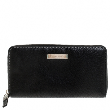 Pre Owned Tiffany & Co. Black Leather Zip Around Continental Wallet