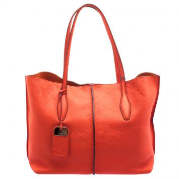 Pre Owned Tod's Neon Orange Leather Medium Joy Tote