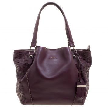 Pre Owned Tod's Burgundy Laser Cut Leather Medium Flower Tote