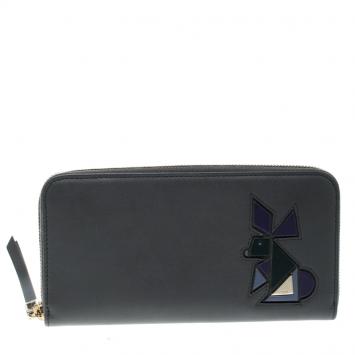 Pre Owned Tod's Black Leather Zip Around Rabbit Continental Wallet