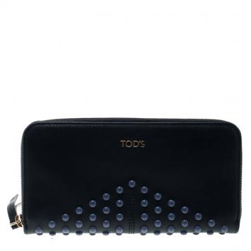 Pre Owned Tod's Navy Blue Leather Zip Around Studded Continental Wallet