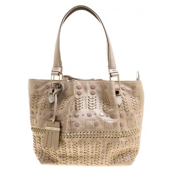 Pre Owned Tod's Metallic Beige Leather Small Studded Flower Tote