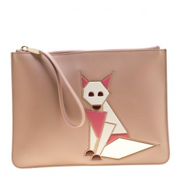 Pre Owned Tod's Beige Leather Fox Wristlet Clutch