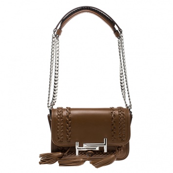 Pre Owned Tod's Cognac Leather Mini Double T Tassel Crossbody Bag