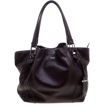 Pre Owned Tod's Burgundy Laser Cut Leather Medium Flower Tote