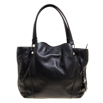 Pre Owned Tod's Black Laser Cut Leather Medium Flower Tote