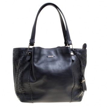 Pre Owned Tod's Black Laser Cut Leather Medium Flower Tote