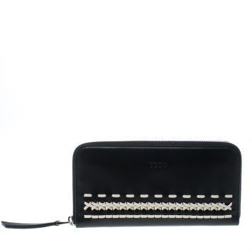 Pre Owned Tod's Black/White Woven Detail Leather Zip Around Wallet