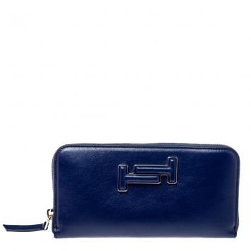 Pre Owned Tod's Blue Leather Double T Zip Around Continental Wallet