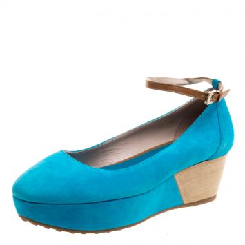 Pre Owned Tod's Blue Suede Ankle Strap Platform Wedge Pumps Size 39.5