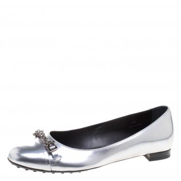 Pre Owned Tod's Silver Metallic Leather Crystal Embellished Ballet Flats Size 38