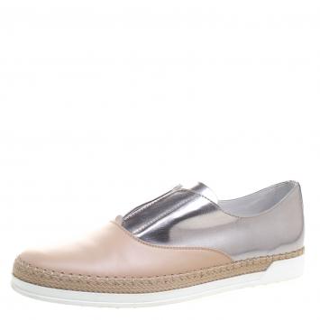 Pre Owned Tod's Metallic Silver and Blush Pink Leather Francesina Slip On Espadrille Sneakers Size 40