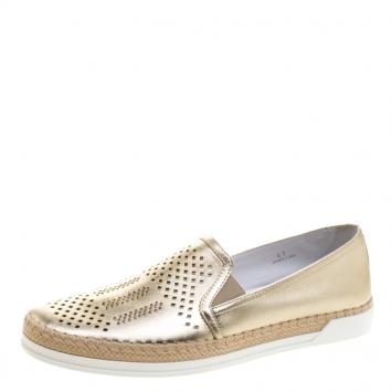 Pre Owned Tod's Metallic Light Gold Laser Cut Leather Espadrille Slip On Sneakers Size 41