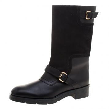 Pre Owned Tod's Black Leather and Suede Fibbie Mid Calf Biker Boots Size 39