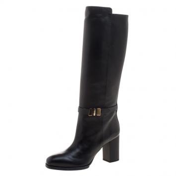 Pre Owned Tod's Black Leather Block Heel Buckle Tall Boots Size 39.5
