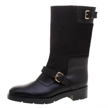Pre Owned Tod's Black Leather And Suede Buckle Biker Boots Size 38