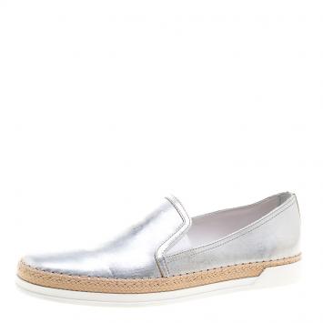 Pre Owned Tod's Metallic Silver Leather Pantofola Espadrille Slip On Sneakers Size 40