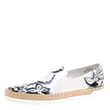 Pre Owned Tod's Monochrome Floral Printed Leather Espadrille Slip On Sneakers Size 36.5