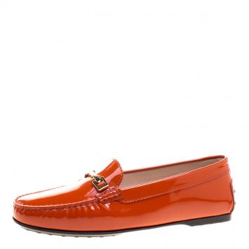 Pre Owned Tod's Orange Patent Leather Horsebit Loafers Size 39
