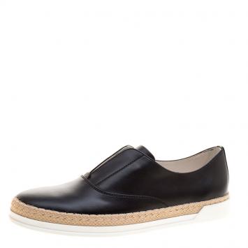 Pre Owned Tod's Black Leather Francesina Espadrille Slip On Sneakers Size 39