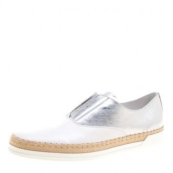 Pre Owned Tod's Metallic Silver and White Leather Francesina Espadrille Slip On Sneakers Size 37.5