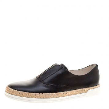 Pre Owned Tod's Black Leather Francesina Espadrille Slip On Sneakers Size 37.5