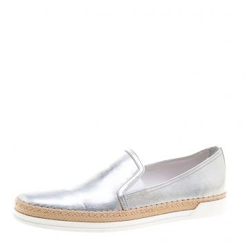 Pre Owned Tod's Metallic Silver Leather Pantofola Espadrille Slip On Sneakers Size 39.5