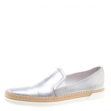 Pre Owned Tod's Metallic Silver Leather Pantofola Espadrille Slip On Sneakers Size 39