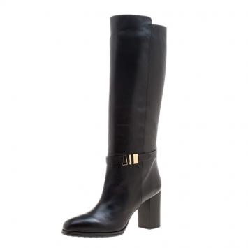 Pre Owned Tod's Black Leather Block Heel Buckle Tall Boots Size 40